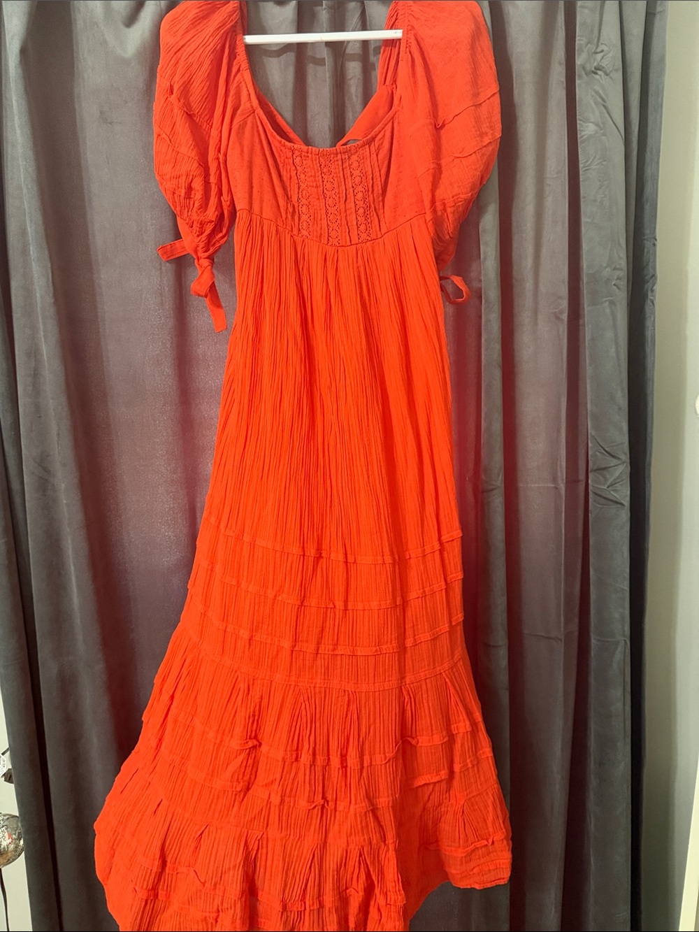 Free People Women’s orange Tiered Maxi Dress with Puff Sleeves